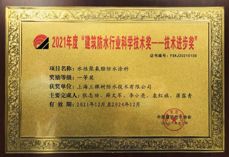 “建筑防水行業科技技術獎——技術進步獎”一等獎。
